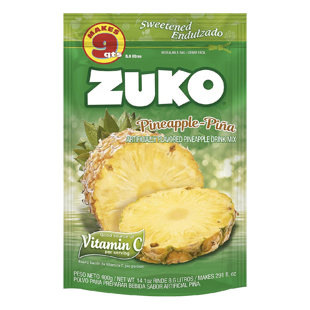 Mezcla en polvo Zuko sabor piña para preparar bebidas refrescantes y tropicales.