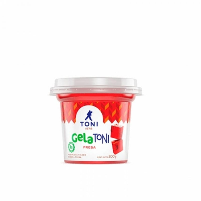 Gelatina sabor fresa Toni con delicioso sabor frutal y textura suave.