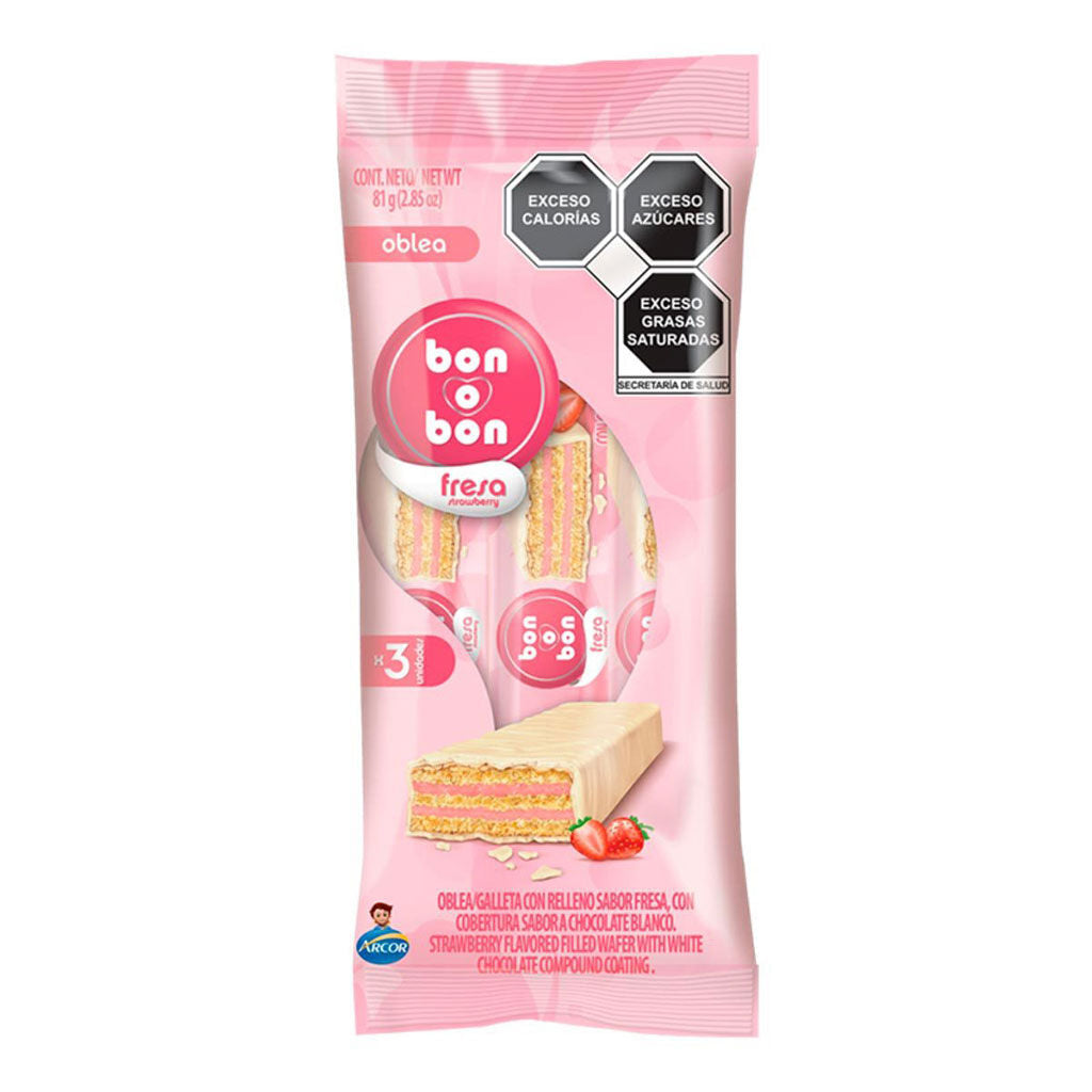 Wafer Bon o Bon sabor fresa en presentación snack de 3 piezas.