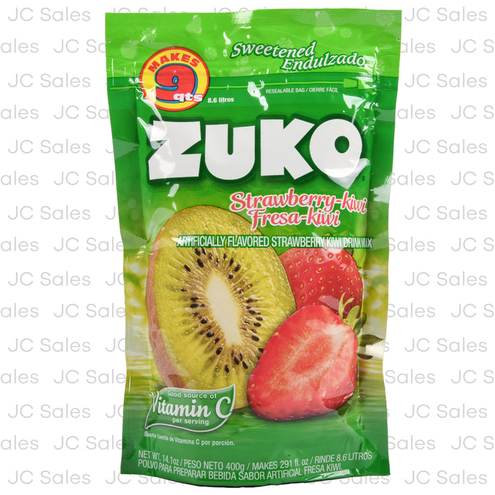 Mezcla en polvo Zuko sabor fresa kiwi para preparar bebidas frutales refrescantes.