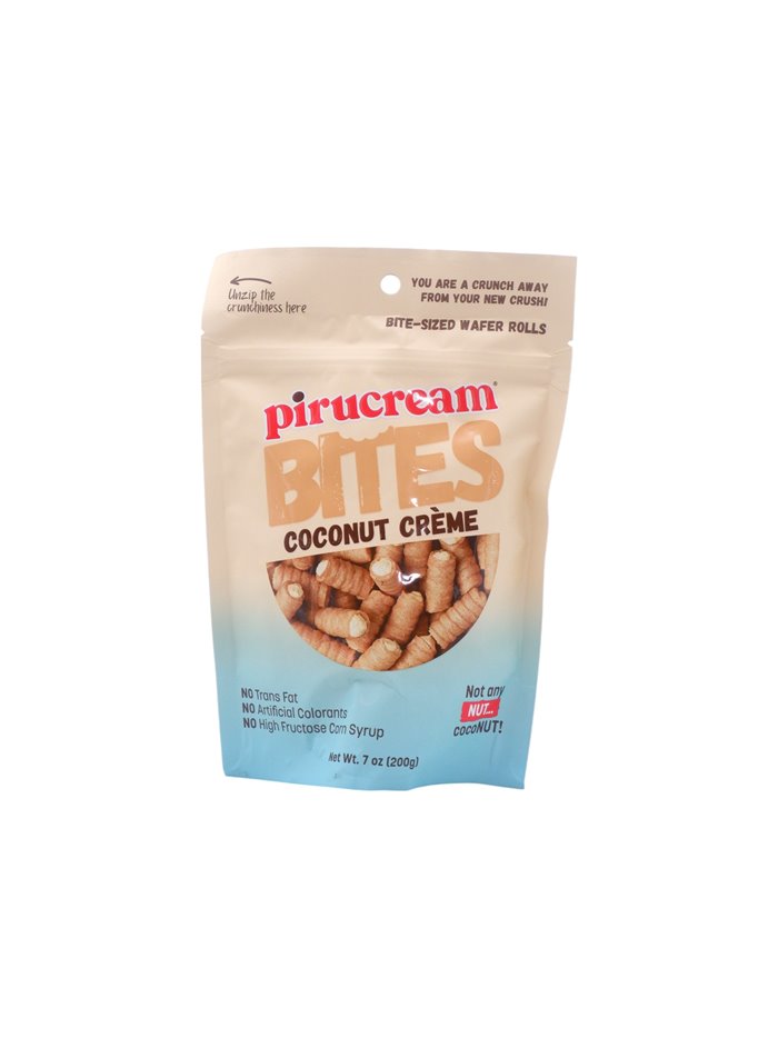 Pirucream bites rellenos de crema de coco en práctica bolsa snack.