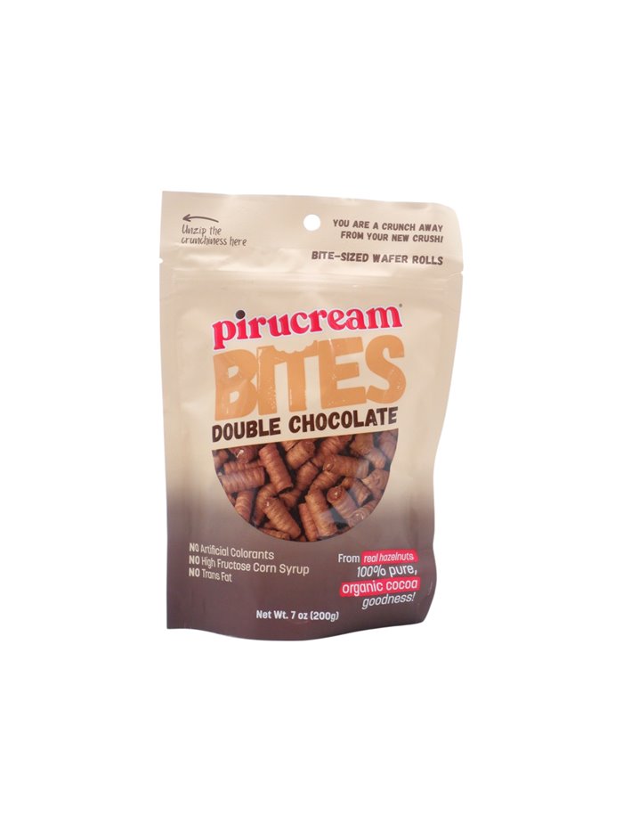 Snacks Pirucream bites con intenso sabor doble chocolate y textura crujiente.