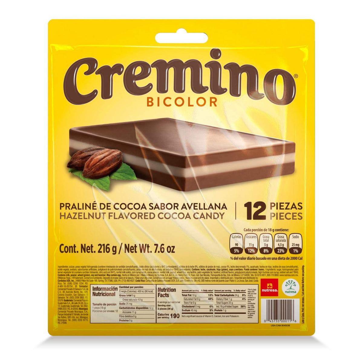 Cremino Bicolor con deliciosa combinación de sabores de chocolate y crema en práctica presentación blister.