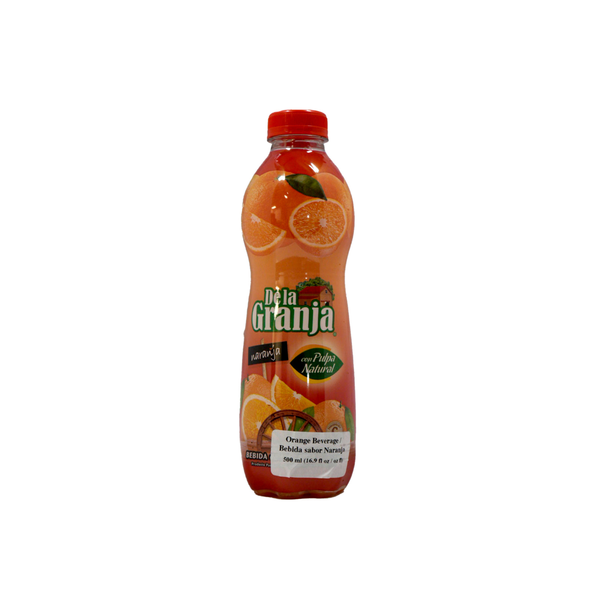 Jugo De La Granja sabor naranja en botella PET ideal para consumo diario y comidas.