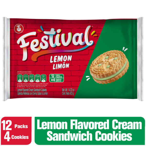 Galletas Festival sabor limón con relleno cítrico y textura crujiente.