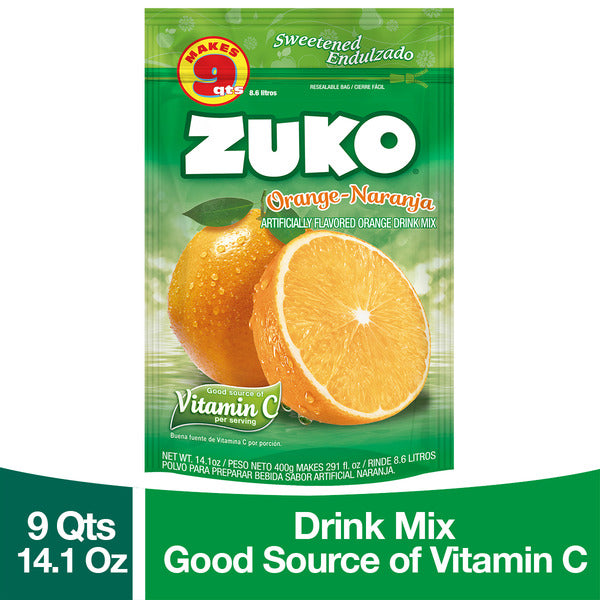 Mezcla en polvo Zuko sabor naranja para preparar bebidas refrescantes de forma rápida y práctica.