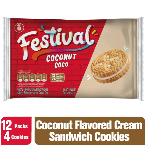 Galletas Festival sabor coco con relleno suave y delicioso sabor tropical.
