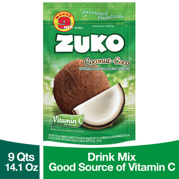 Mezcla en polvo Zuko sabor coco para preparar bebidas cremosas y tropicales.