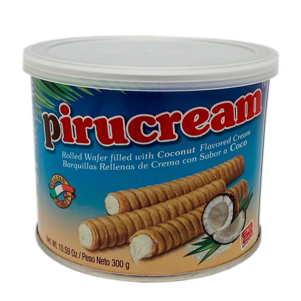 Barquillos Pirucream rellenos de crema de coco con sabor tropical y textura crujiente.
