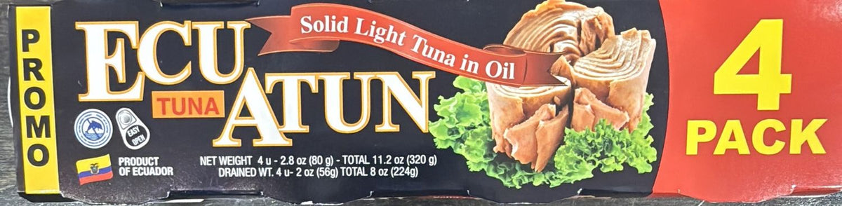 Pack de atún Ecuatun en aceite con 4 latas individuales ideal para despensa y consumo frecuente.