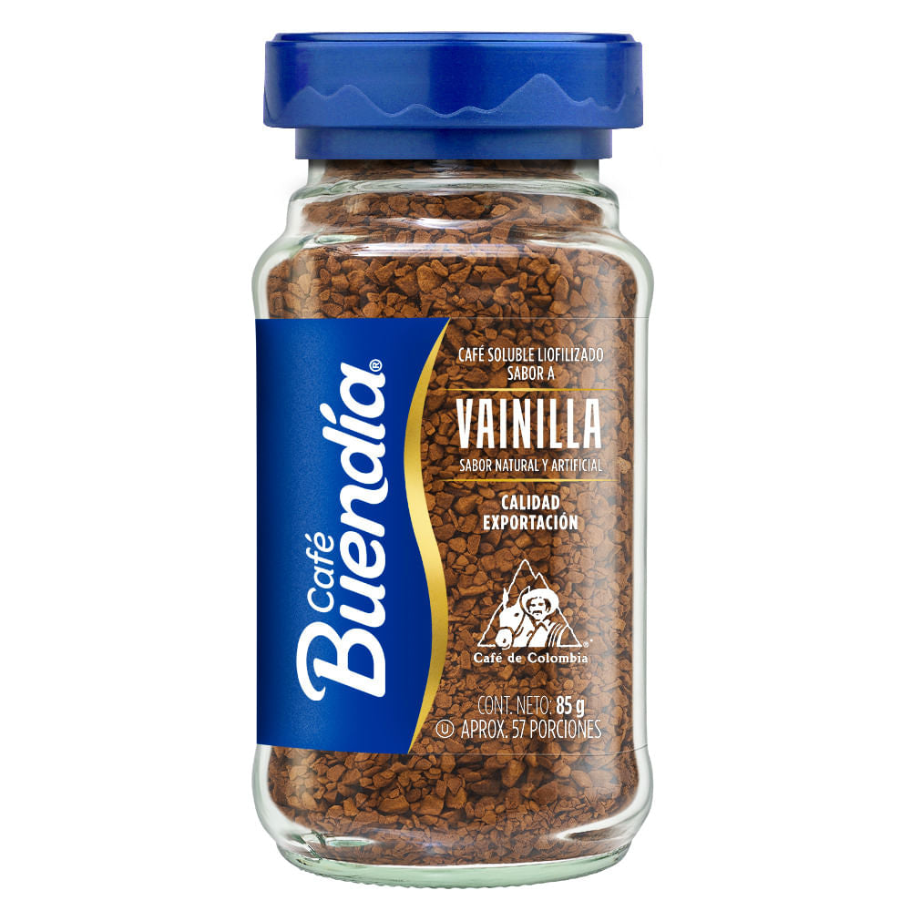 Café instantáneo Buendía sabor vainilla con toque dulce y aromático.