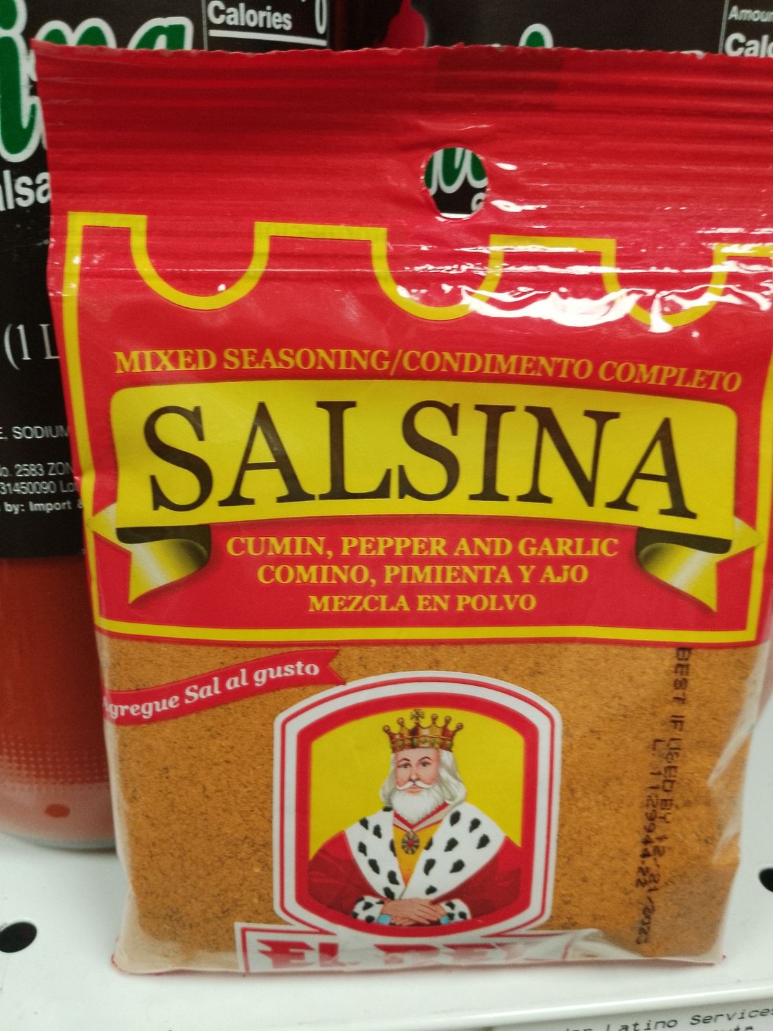 Mezcla de especias El Rey Salsina utilizada para sazonar carnes, sopas, arroz y recetas tradicionales latinas.