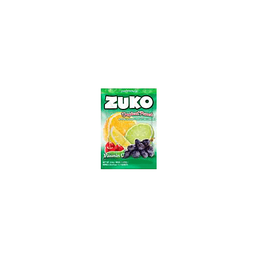 Mezcla individual Zuko sabor tropical punch para preparar bebidas frutales refrescantes.