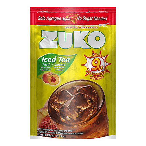 Mezcla en polvo Zuko sabor té de durazno para preparar bebidas refrescantes estilo iced tea.
