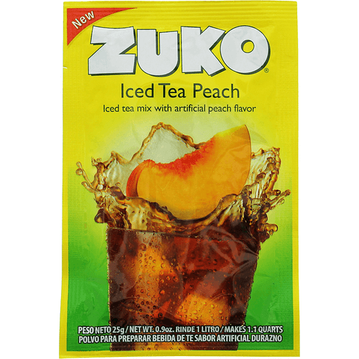 Mezcla individual Zuko sabor té de durazno para preparar bebidas refrescantes de forma práctica.