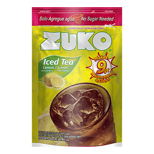 Mezcla en polvo Zuko sabor té de limón para preparar bebidas refrescantes estilo iced tea.