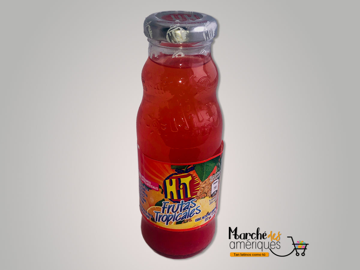 Bebida Hit sabor frutas tropicales en botella de vidrio con mezcla frutal y presentación individual.