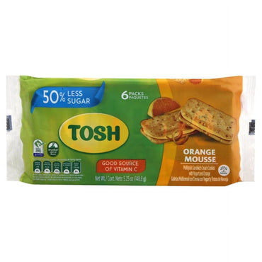 Galletas Tosh rellenas con mousse de naranja, ideales para disfrutar como snack dulce.