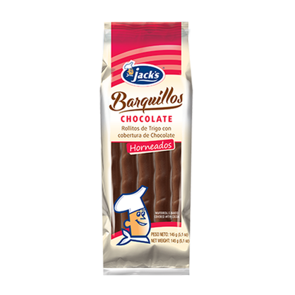Barquillos de chocolate Jacks con textura crujiente y delicioso relleno dulce.