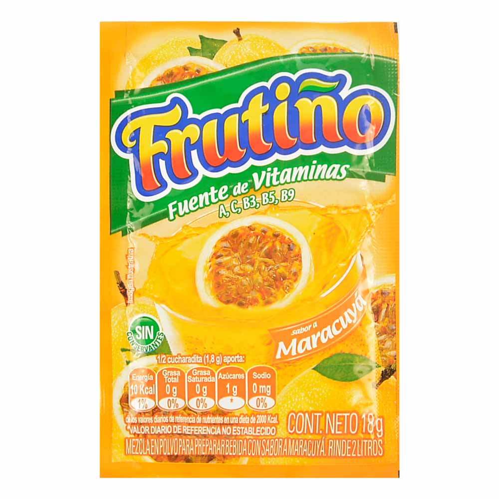 Mezcla en polvo sabor maracuyá para preparar refrescos instantáneos.