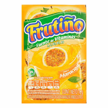 Mezcla en polvo sabor maracuyá para preparar refrescos instantáneos.