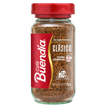 Café instantáneo Buendía Clásico con sabor colombiano auténtico y aroma intenso.