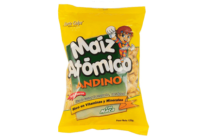 Maíz andino crocante con maca y miel en presentación snack peruana.