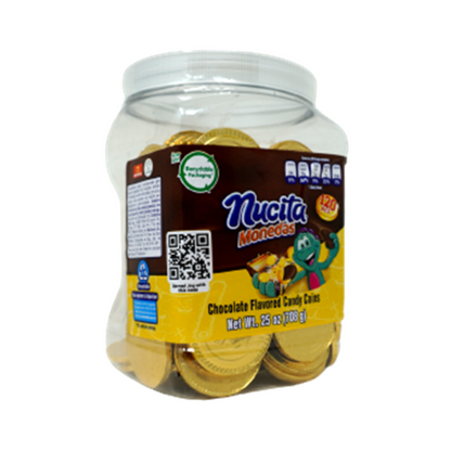 Tarro de monedas de chocolate oro Nucita ideal para fiestas, eventos y venta individual.
