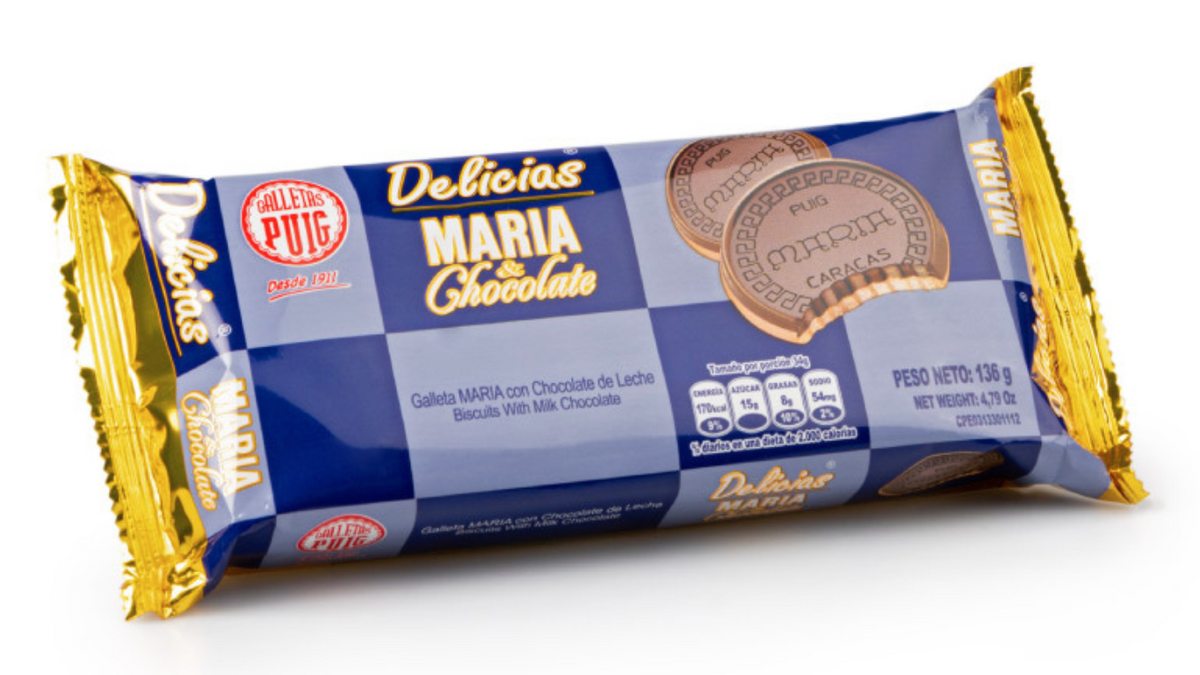 Galletas María con chocolate en práctico paquete ideal para meriendas y loncheras.