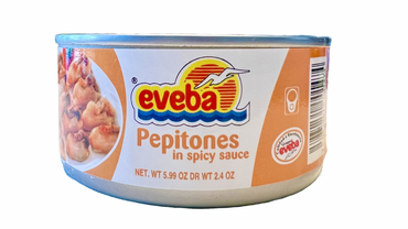 Pepitonas Eveba en salsa picante listas para consumir en recetas de mariscos y aperitivos.