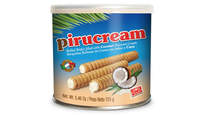 Deliciosos wafers Pirucream rellenos de crema de coco en presentación práctica.
