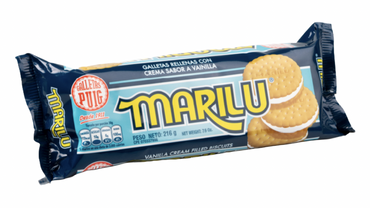 Galletas Marilu sabor vainilla con textura crujiente y relleno dulce ideal para meriendas.