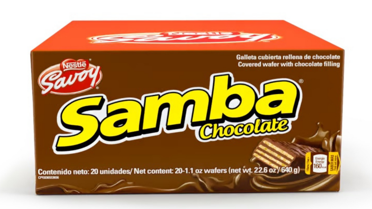 Samba wafer sabor chocolate ideal para snacks y meriendas dulces.