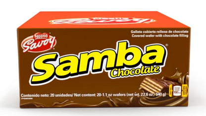 Samba wafer sabor chocolate ideal para snacks y meriendas dulces.