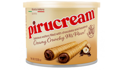 Barquillos Pirucream rellenos de chocolate y avellana con textura crujiente y sabor dulce.