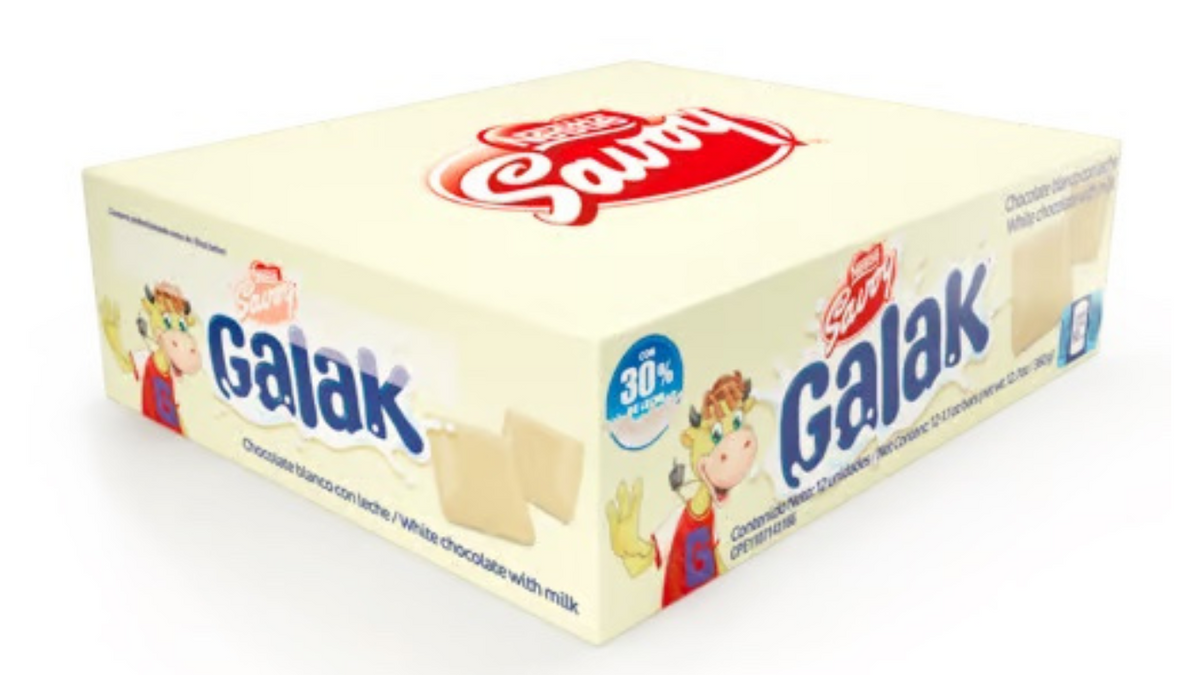 Barra de chocolate blanco Galak con textura cremosa y suave.