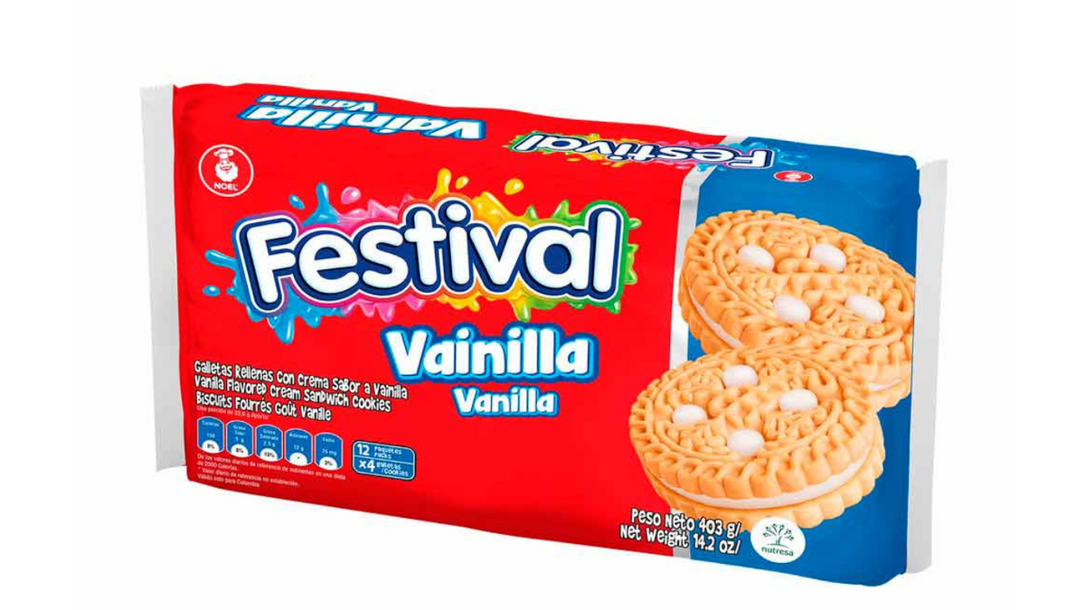 Galletas Festival sabor vainilla con relleno cremoso y textura crujiente, ideales para compartir.