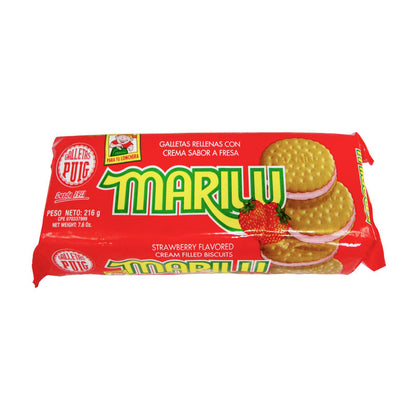 Galletas Marilu rellenas sabor fresa con textura crujiente y dulce tradicional.