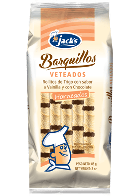 Barquillos veteados Jacks con sabor vainilla y chocolate en presentación snack.