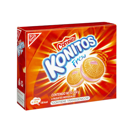Galletas rellenas sabor fresa con textura crujiente ideales para meriendas y postres.