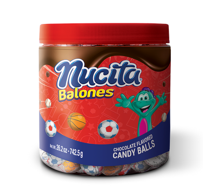Tarro con balones de chocolate Nucita ideales para compartir o venta individual.