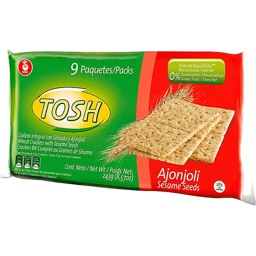Crackers Tosh con ajonjolí, una opción crujiente y deliciosa para acompañar comidas o disfrutar como snack.