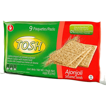Crackers Tosh con ajonjolí, una opción crujiente y deliciosa para acompañar comidas o disfrutar como snack.