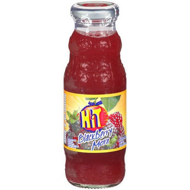 Bebida Hit sabor mora en botella de vidrio con sabor frutal y presentación individual de 8 oz.