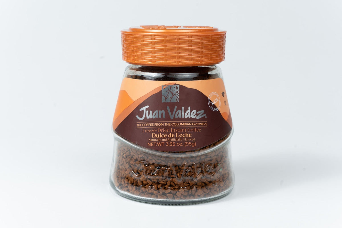 Café instantáneo Juan Valdez sabor dulce de leche elaborado con café colombiano liofilizado y sabor dulce tradicional.