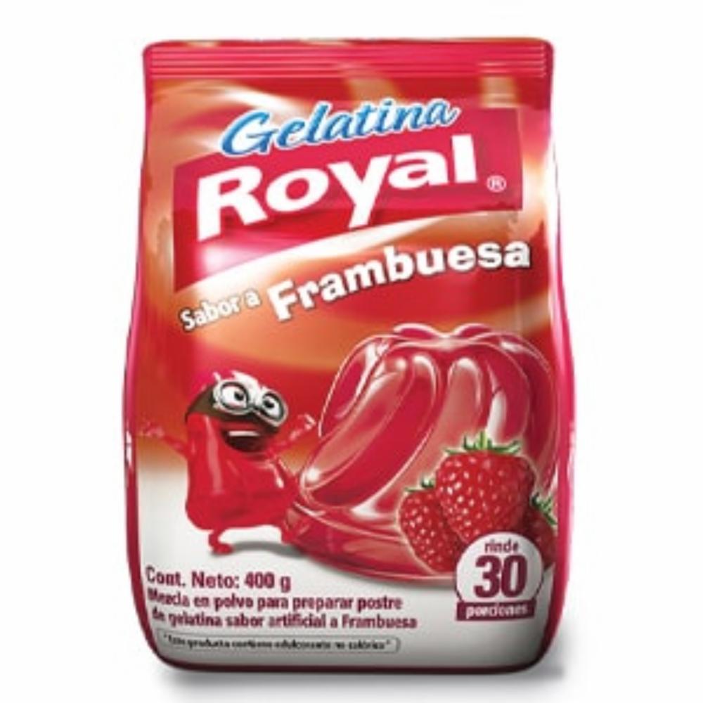 Gelatina sabor frambuesa Royal con textura suave y sabor intenso.