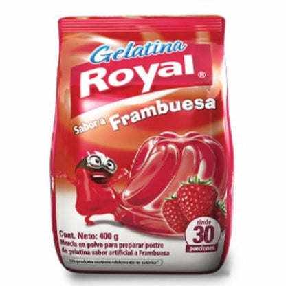 Gelatina sabor frambuesa Royal con textura suave y sabor intenso.