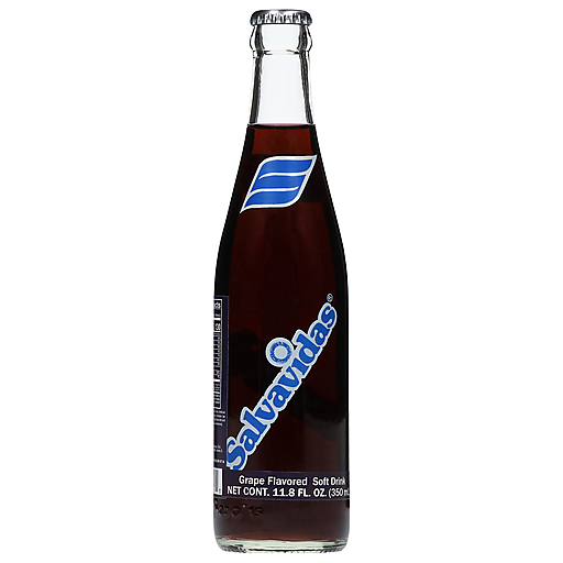 Refresco Salvavidas sabor uva en botella de vidrio ideal para acompañar comidas y snacks.