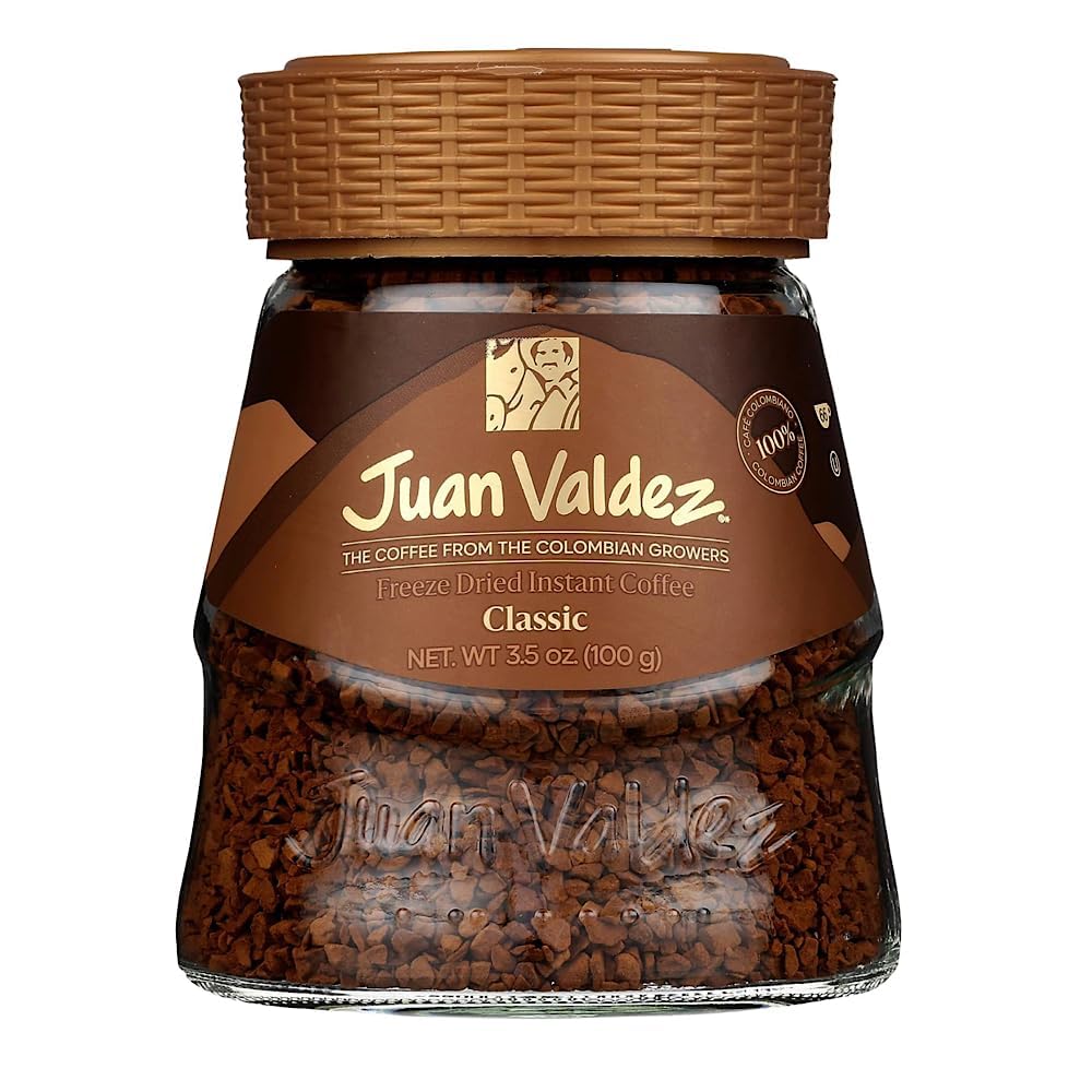 Café instantáneo Juan Valdez Regular elaborado con café colombiano liofilizado de tostado tradicional y preparación rápida.