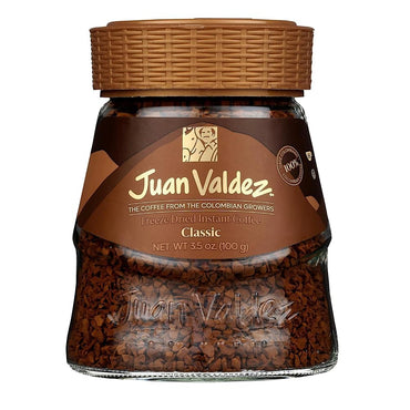 Café instantáneo Juan Valdez Regular elaborado con café colombiano liofilizado de tostado tradicional y preparación rápida.